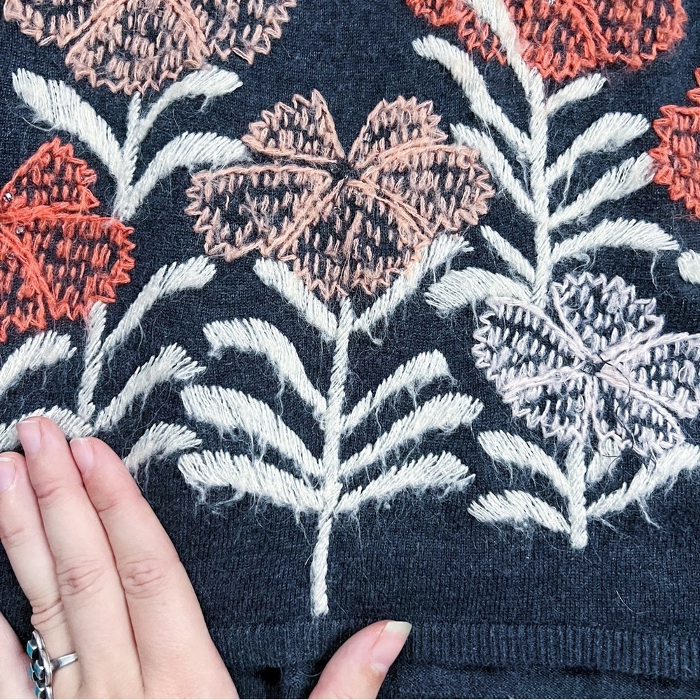Knitted & Knotted • Anthro Kilda Sweater grey orange floral embroidered pullover - Picture 6 of 10